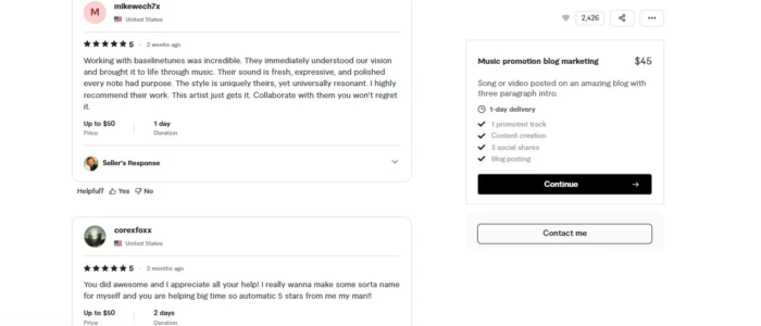 Client review and service listing screenshot