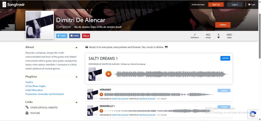 Songtradr artist profile screenshot