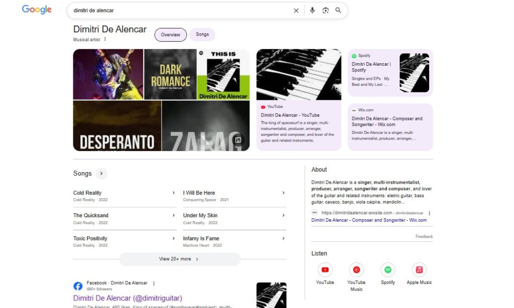 Google artist results screenshot for Dimitri De Alencar